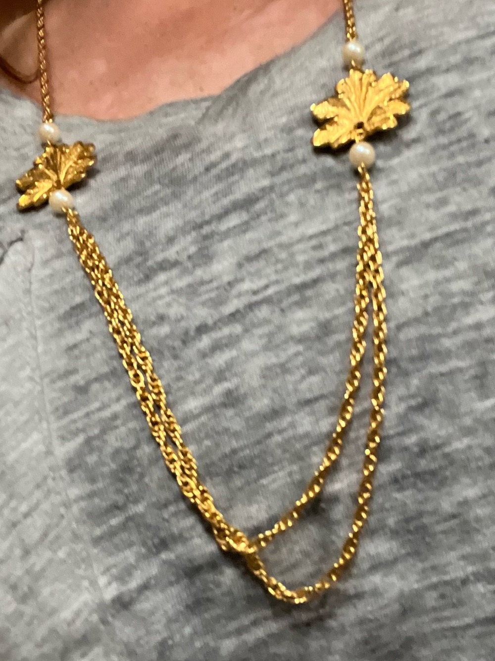 Gold Leaf Double-Chain Necklace with Pearl Accents